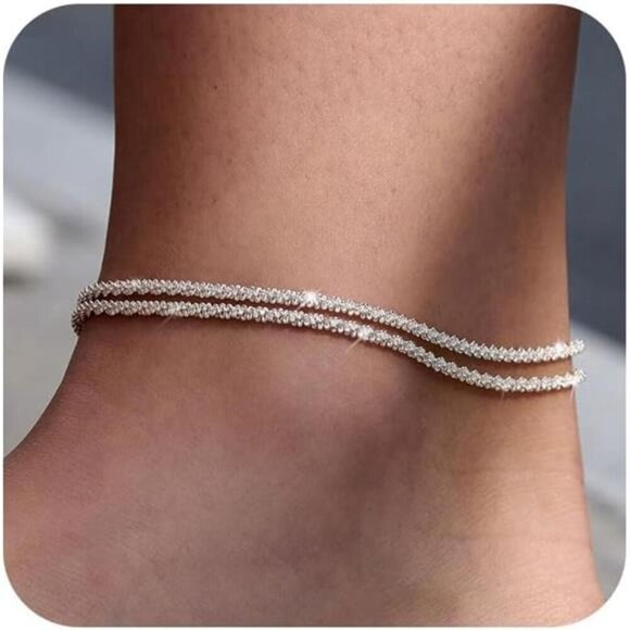 Sterling Silver Layered Ankle Bracelets – Sparkling Minimalist Jewelry- Dainty - Picture 1 of 6